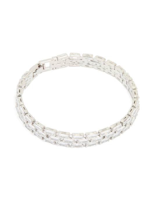 Silver Cubic Zirconia Rectangular Layered Tennis Bracelet