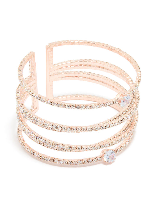 Rose Gold Cubic Zirconia Multi Layered Cross Wrist Cuff