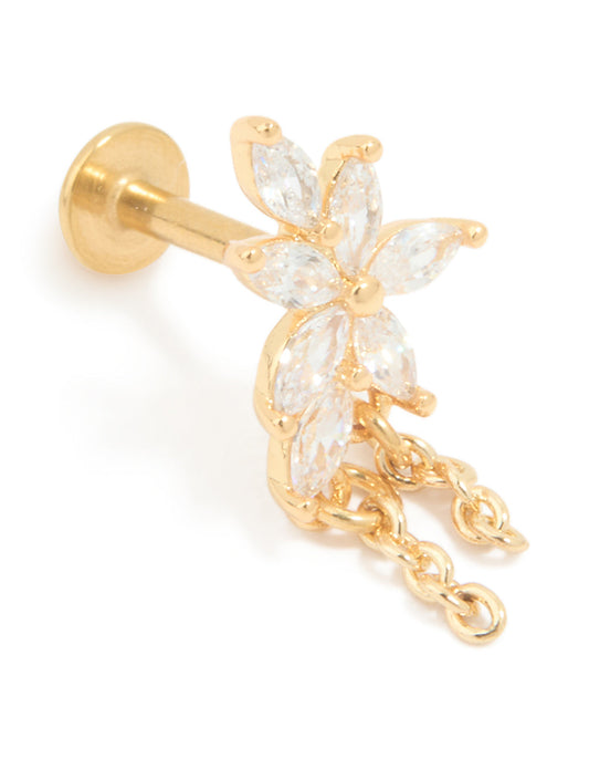 Gold Plated Surgical Steel Cubic Zirconia Leaf Chain Flat Back Stud