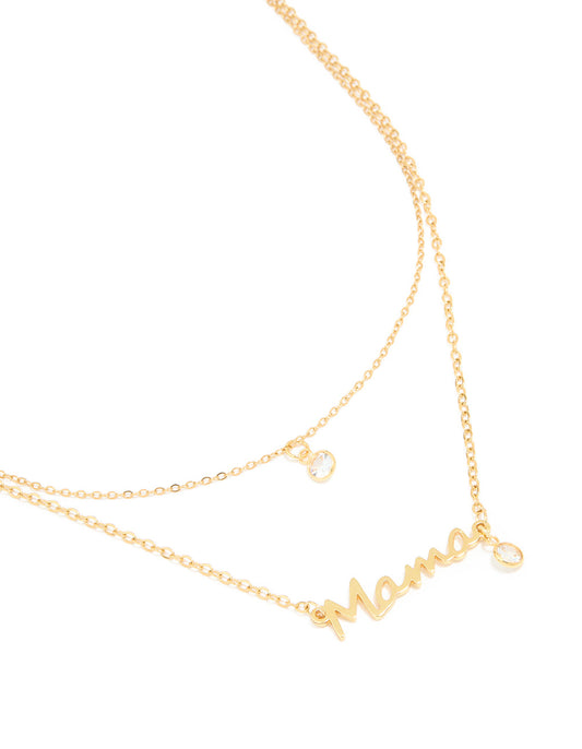 Waterproof Gold Plated Stainless Steel Mama & Cubic Zirconia Pendant Necklaces 2-Pack