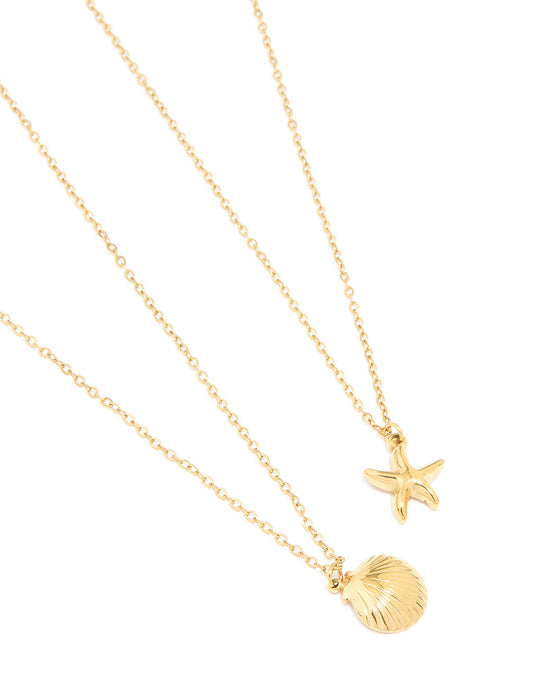 Waterproof Gold Plated Stainless Steel BFF Sea-Themed Necklaces 2-Pack