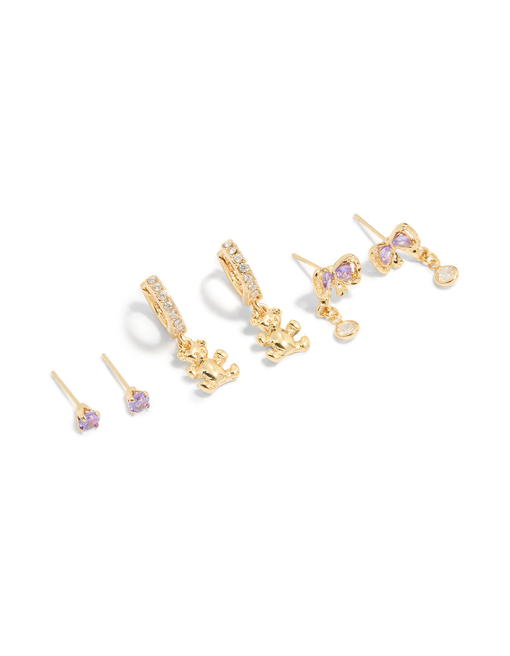 Gold Plated Purple Cubic Zirconia Dainty Bow & Stud Earrings 3-Pack