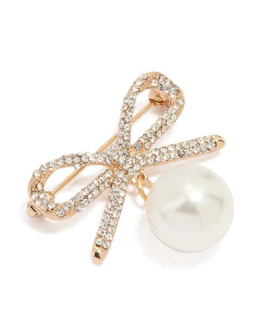 Gold Diamante Pavé Bow Pearl Drop Brooch