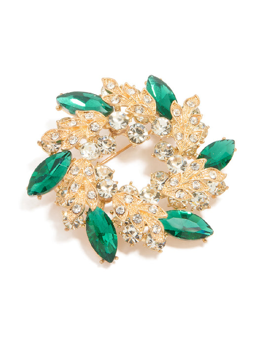 Gold Green Diamante Wreath Brooch