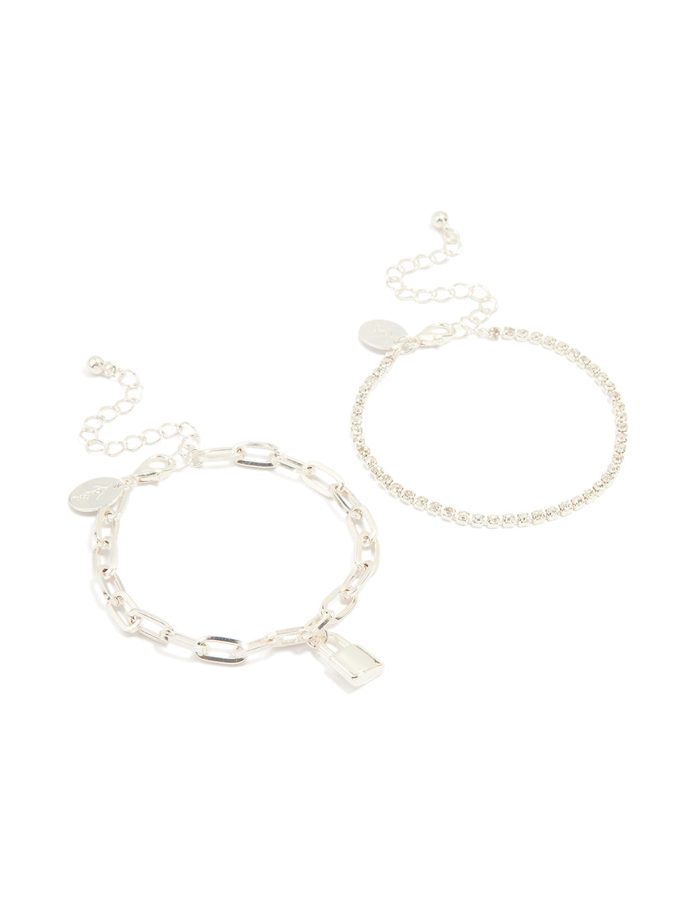 Silver Diamante Cup Chain & Link Lock Bracelets 2-Pack