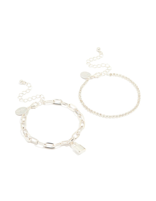 Silver Diamante Cup Chain & Link Lock Bracelets 2-Pack