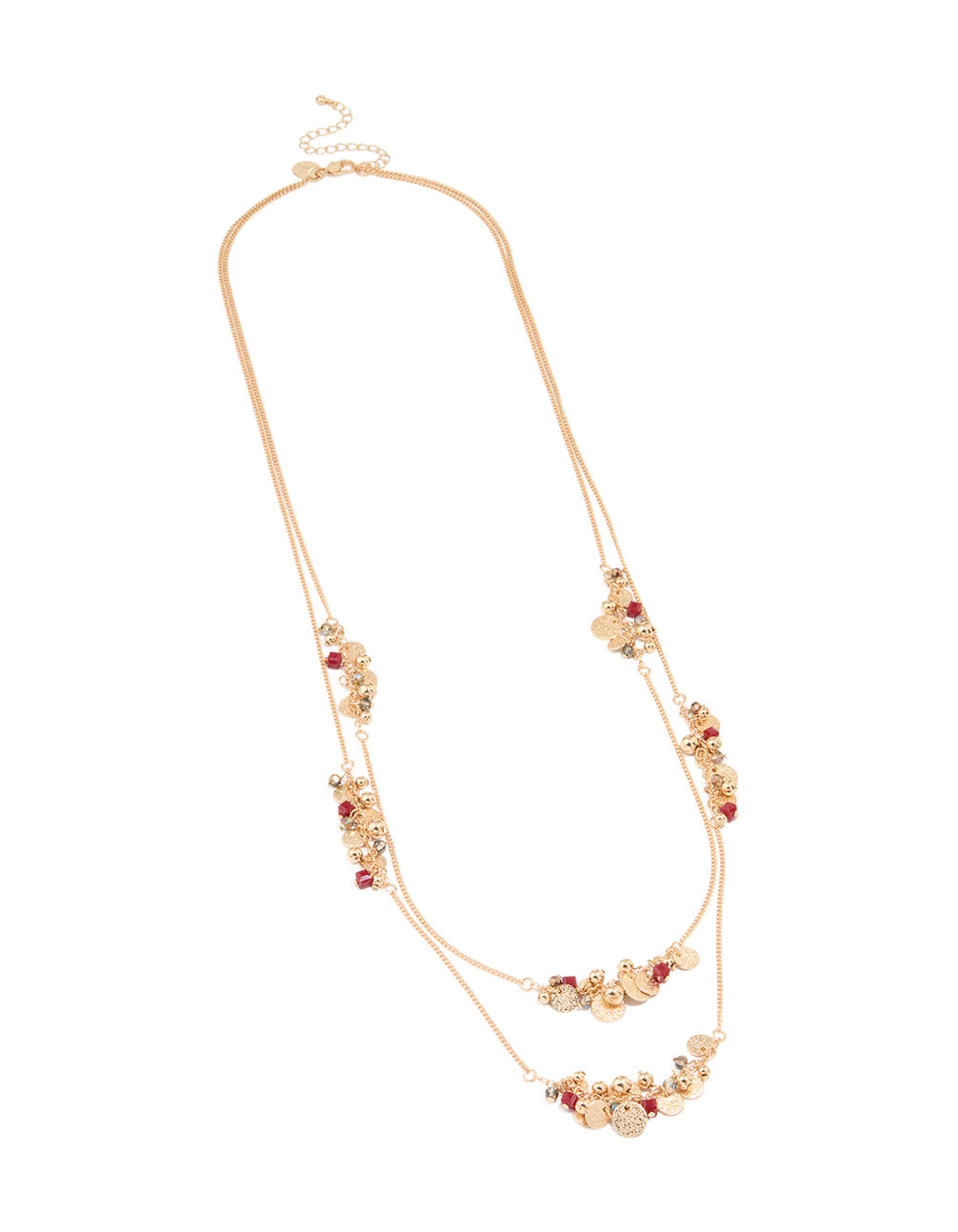Gold Red Beaded & Coin Layered Necklace