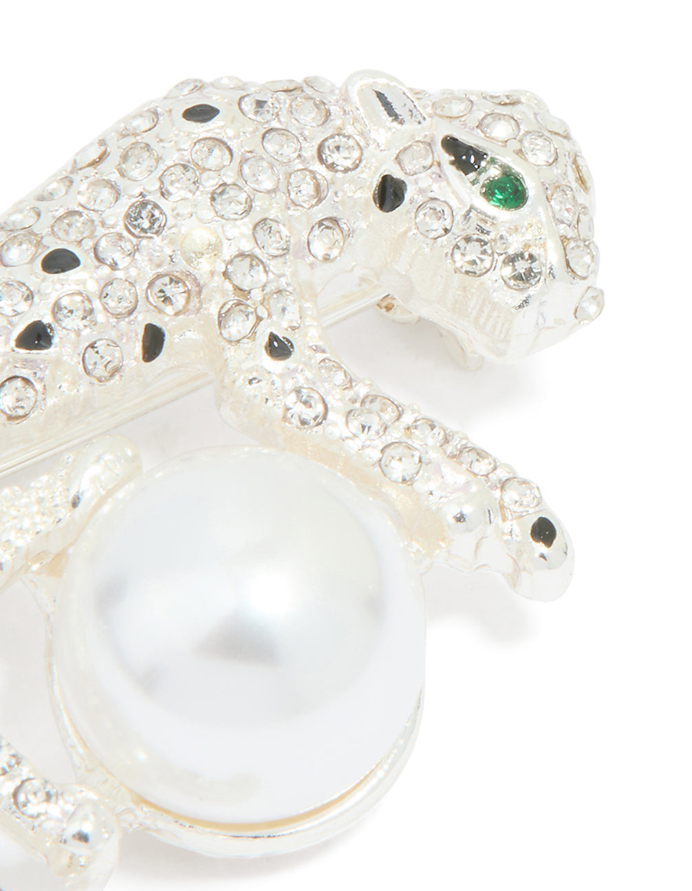 Silver Diamante Jaguar & Pearl Brooch