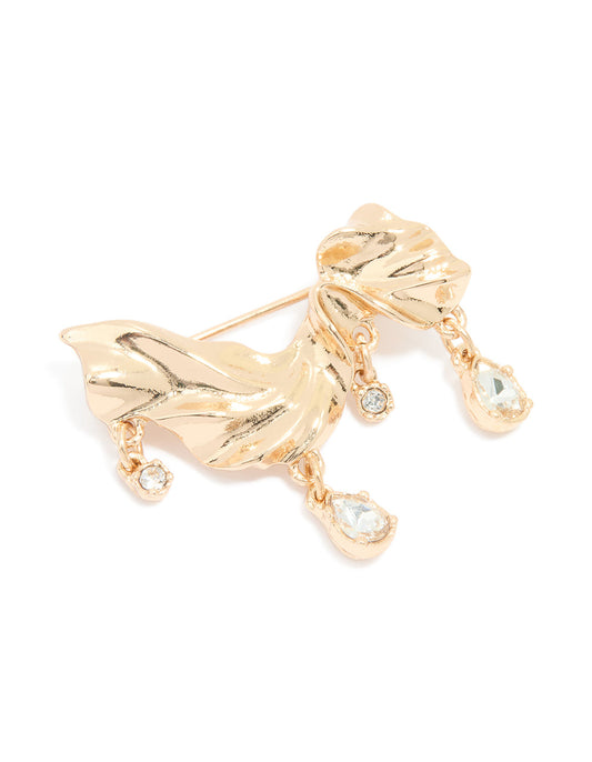 Gold Diamante Drop Molten Brooch