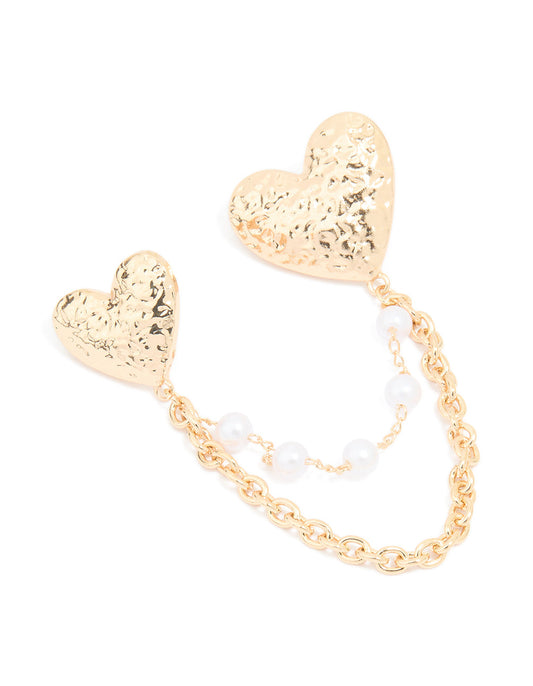 Gold Textured Double Heart Chain Brooch