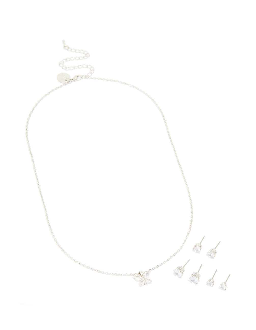 Silver Diamante Butterfly Necklace & Stud Earrings 3-Pack Set