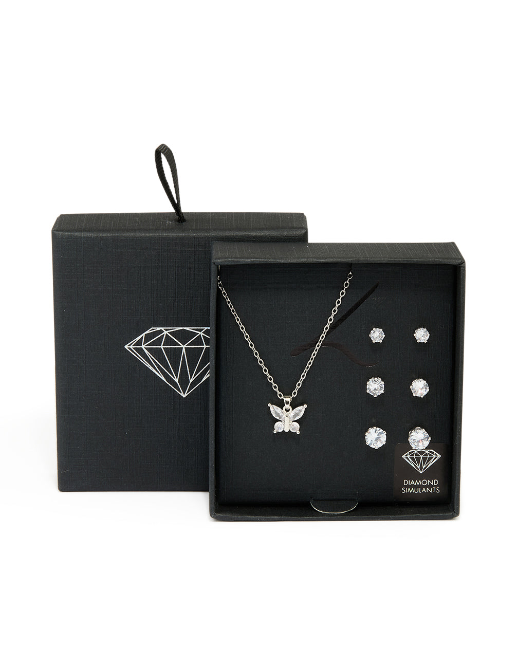 Silver Diamante Butterfly Necklace & Stud Earrings 3-Pack Set