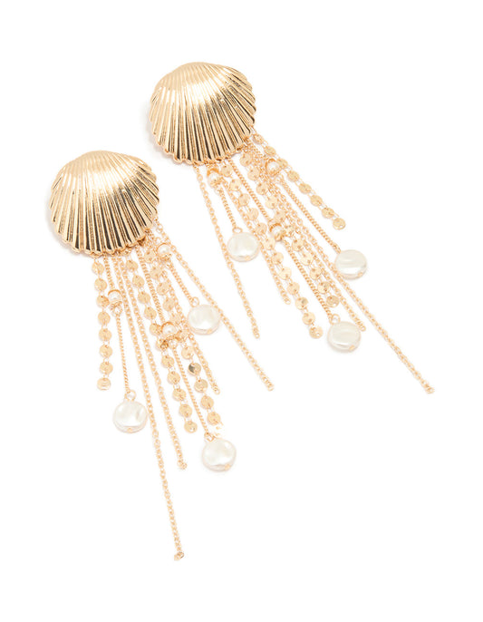 Gold Pearl Scallop Chain Earrings
