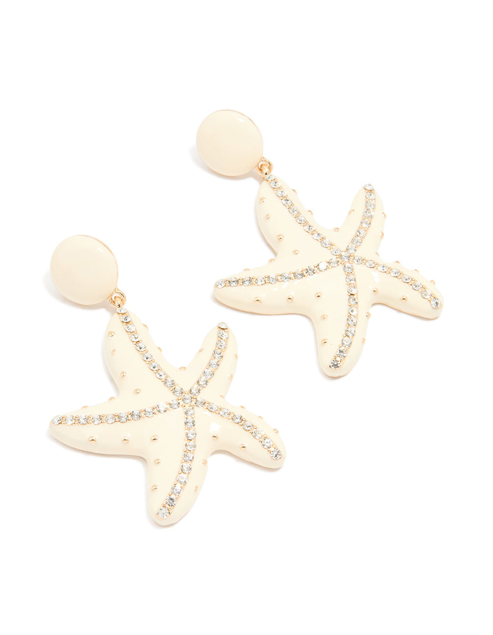 Gold White Enamel Diamante Starfish Earrings