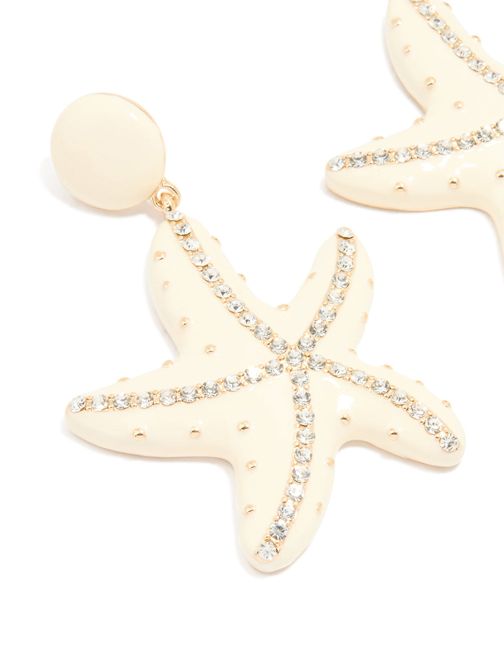Gold White Enamel Diamante Starfish Earrings