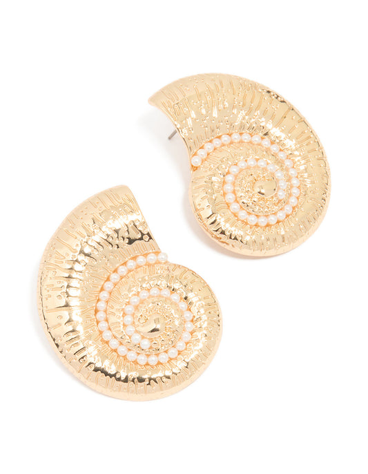 Gold Pearl Swirl Shell Earrings
