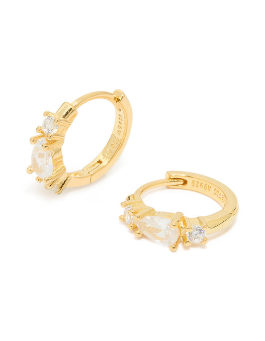 Gold Plated Sterling Silver Pear Cubic Zirconia Huggie Earrings