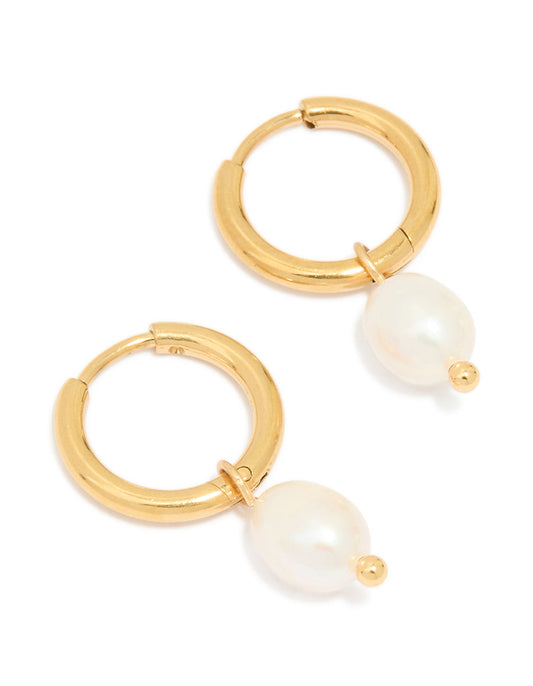Waterproof Gold Plated Stainless Steel Mini Pearl Drop Huggie Earrings