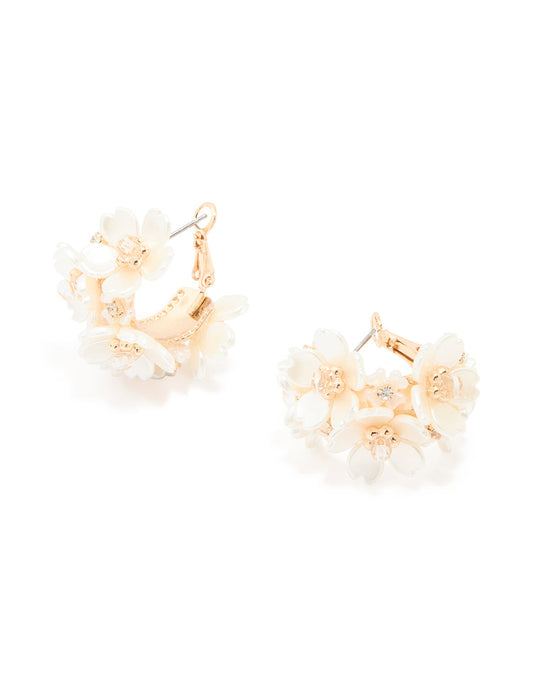 Gold Freshwater Pearl Flower Hoop Earrings
