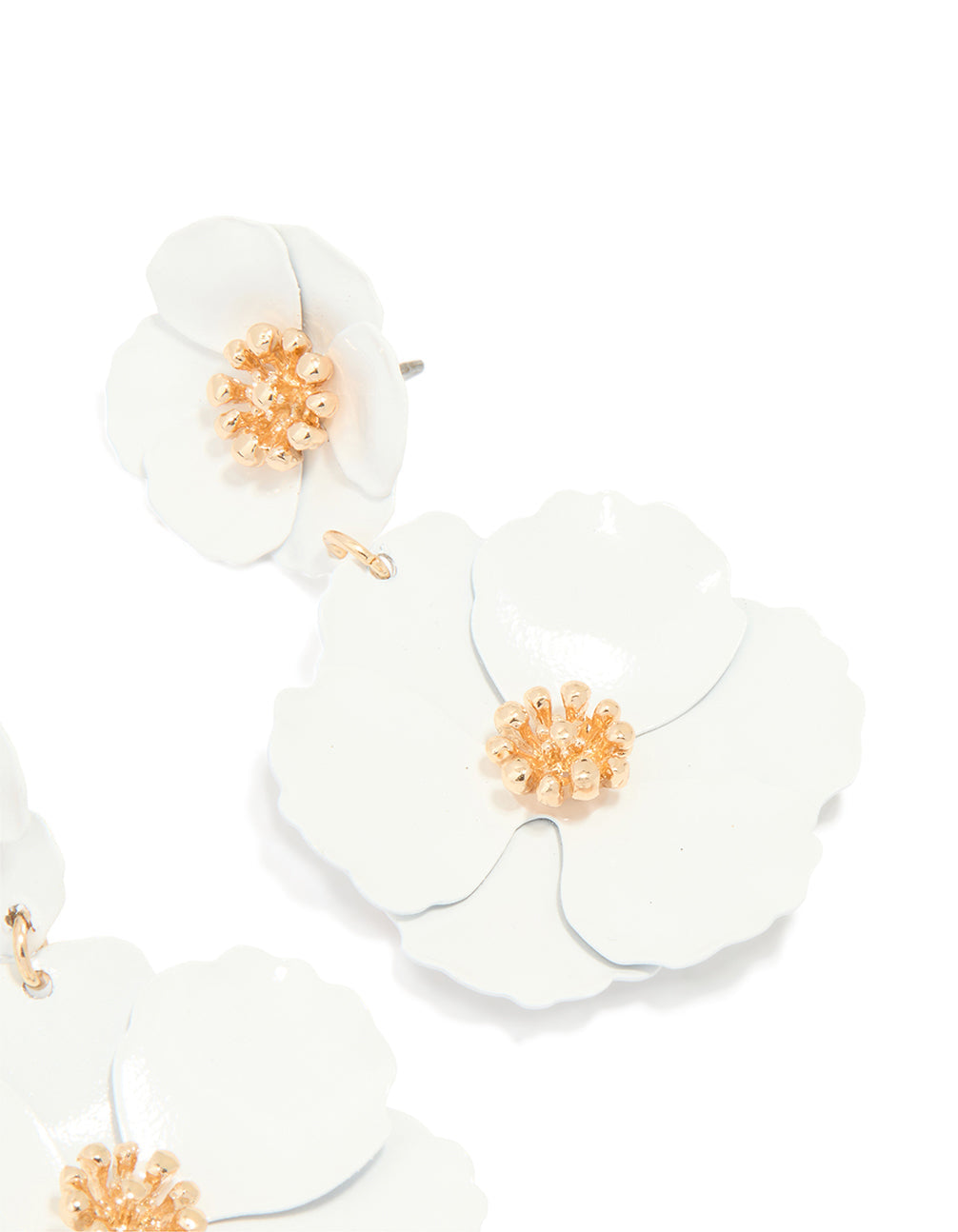 Gold White Coated Metal Flower Drop Earrings