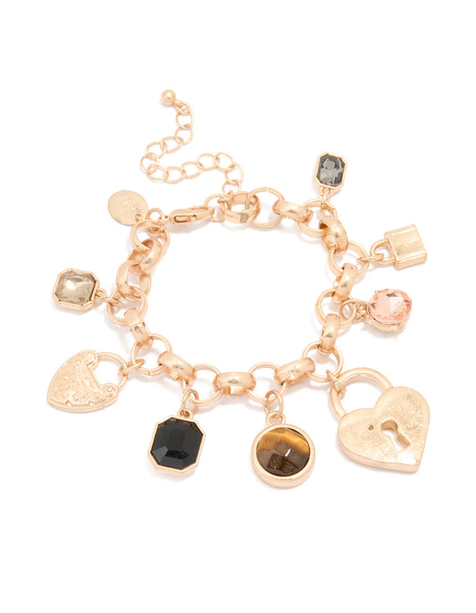 Gold Beaded & Heart Charm Bracelet