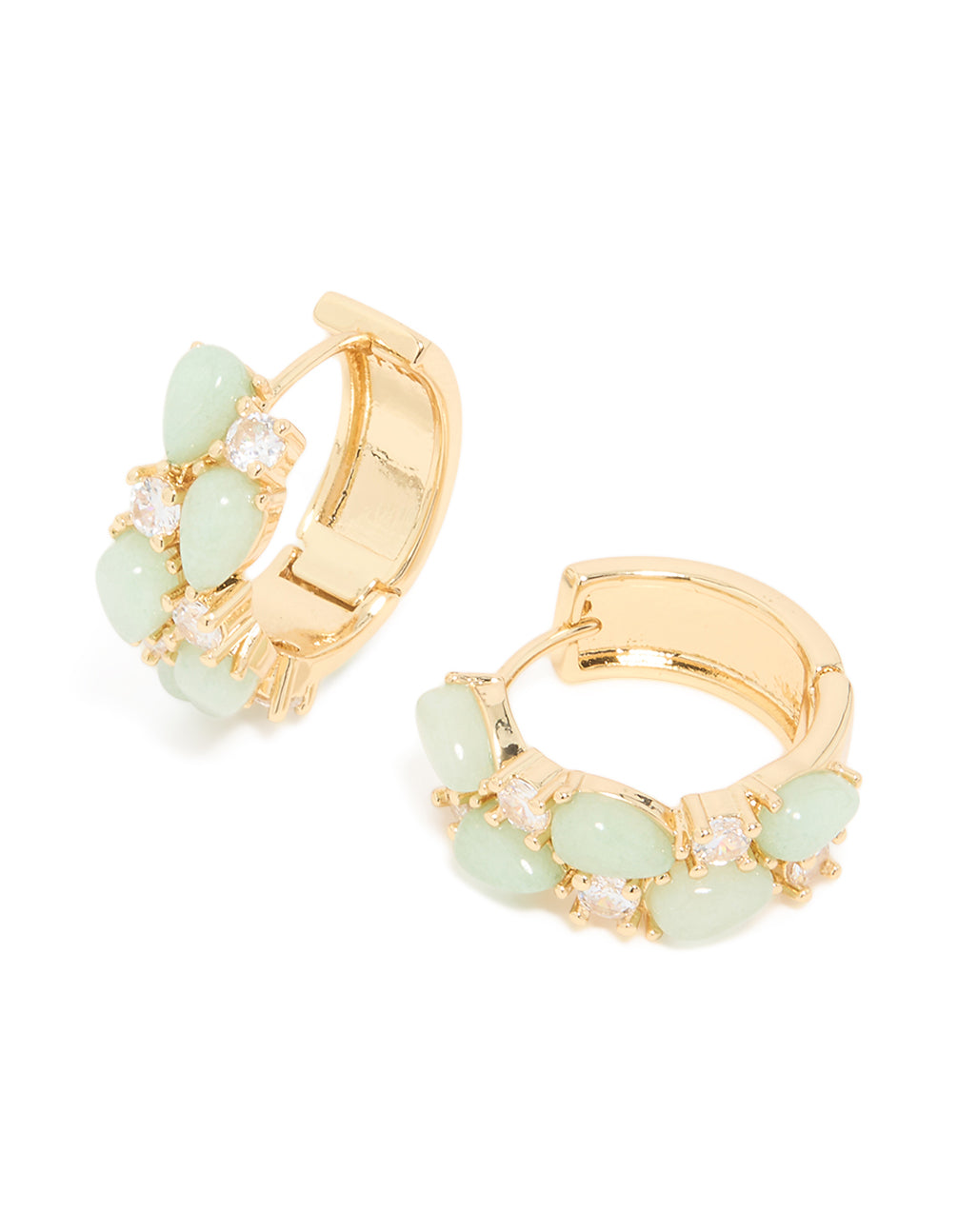 Gold Plated Green Semi Precious Stone & Cubic Zirconia Hoop Earrings