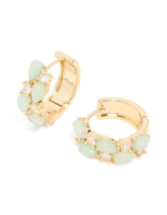 Gold Plated Green Semi Precious Stone & Cubic Zirconia Hoop Earrings