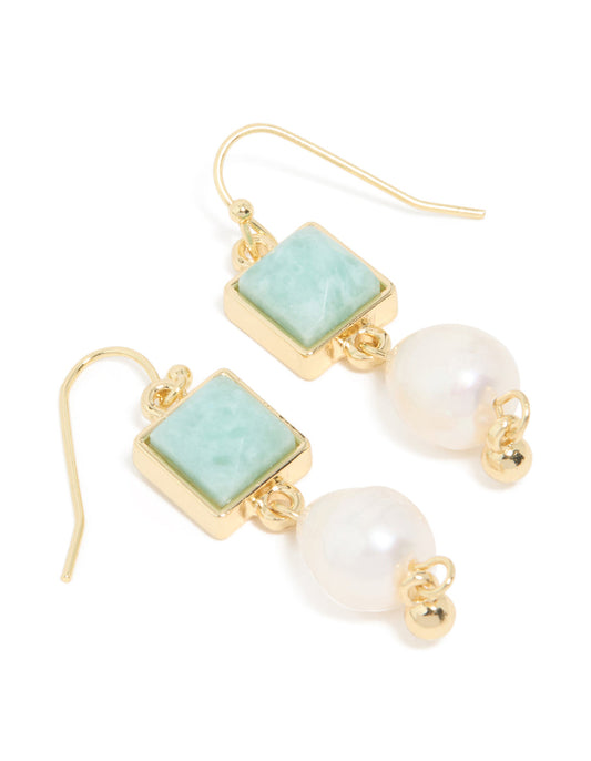 Gold Plated Green Semi Precious Stone Freshwater Pearl Statement Earrings