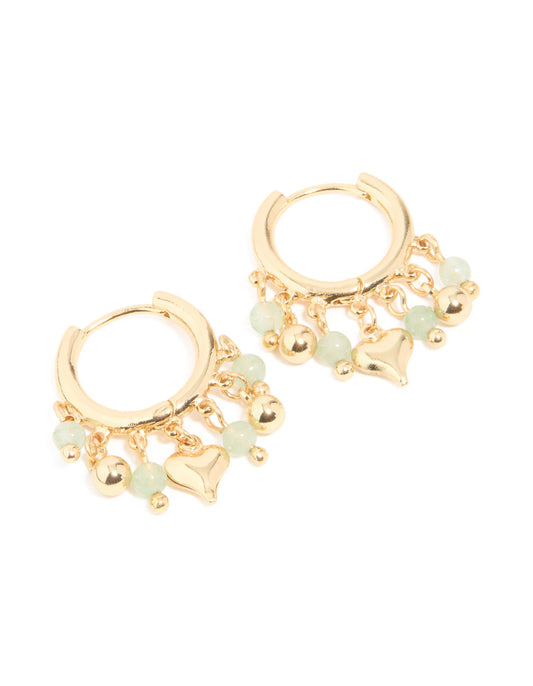 Gold Plated Green Semi Precious Stone Heart Drop Huggie Earrings