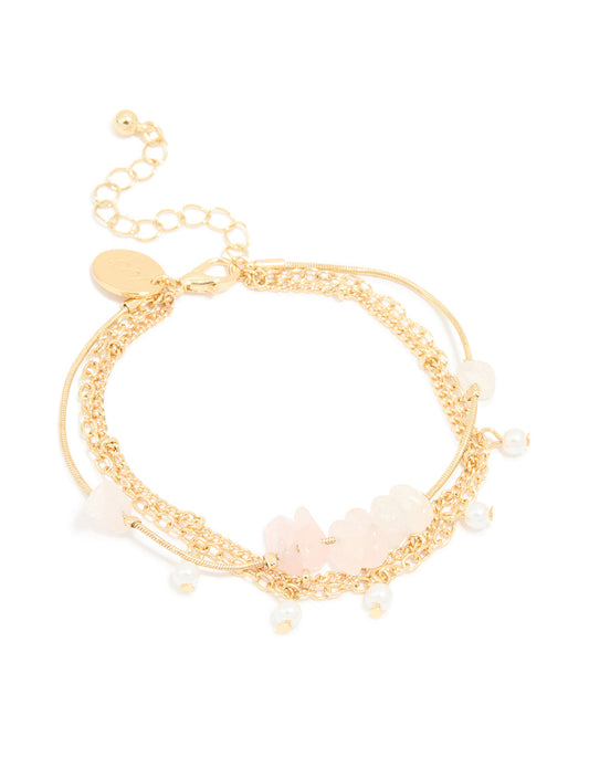 Gold Plated Rose Quartz & Pearl Chain Layered Bracelet