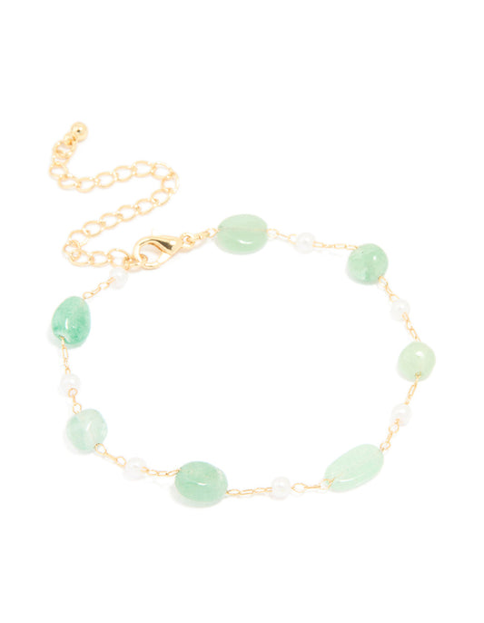 Gold Plated Green Semi Precious Stone & Mini Pearl Bracelet