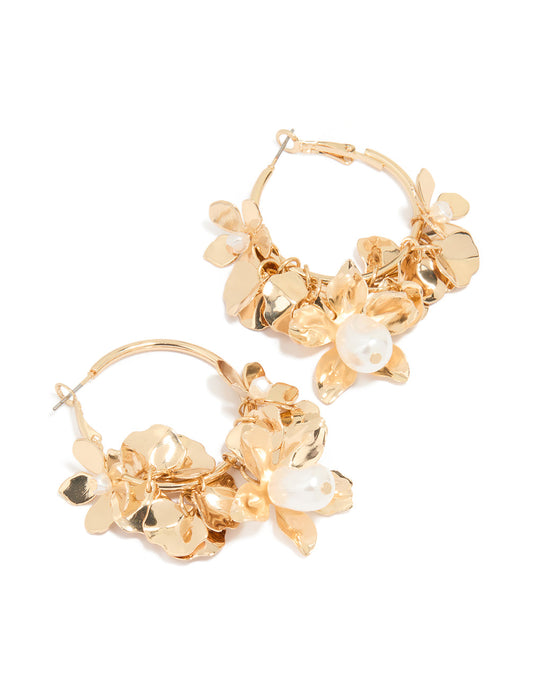 Gold Pearl Flower Cluster Hoop Earrings