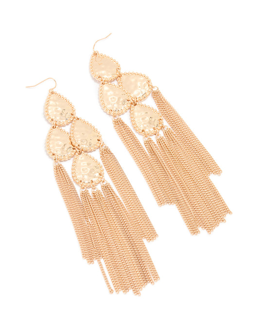 Gold Teardrop Tassel Drop Earrings