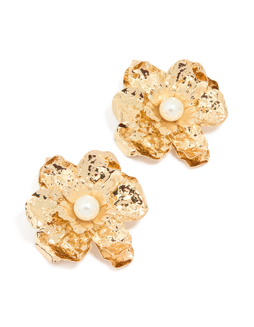 Gold Pearl Center Organic Flower Earrings