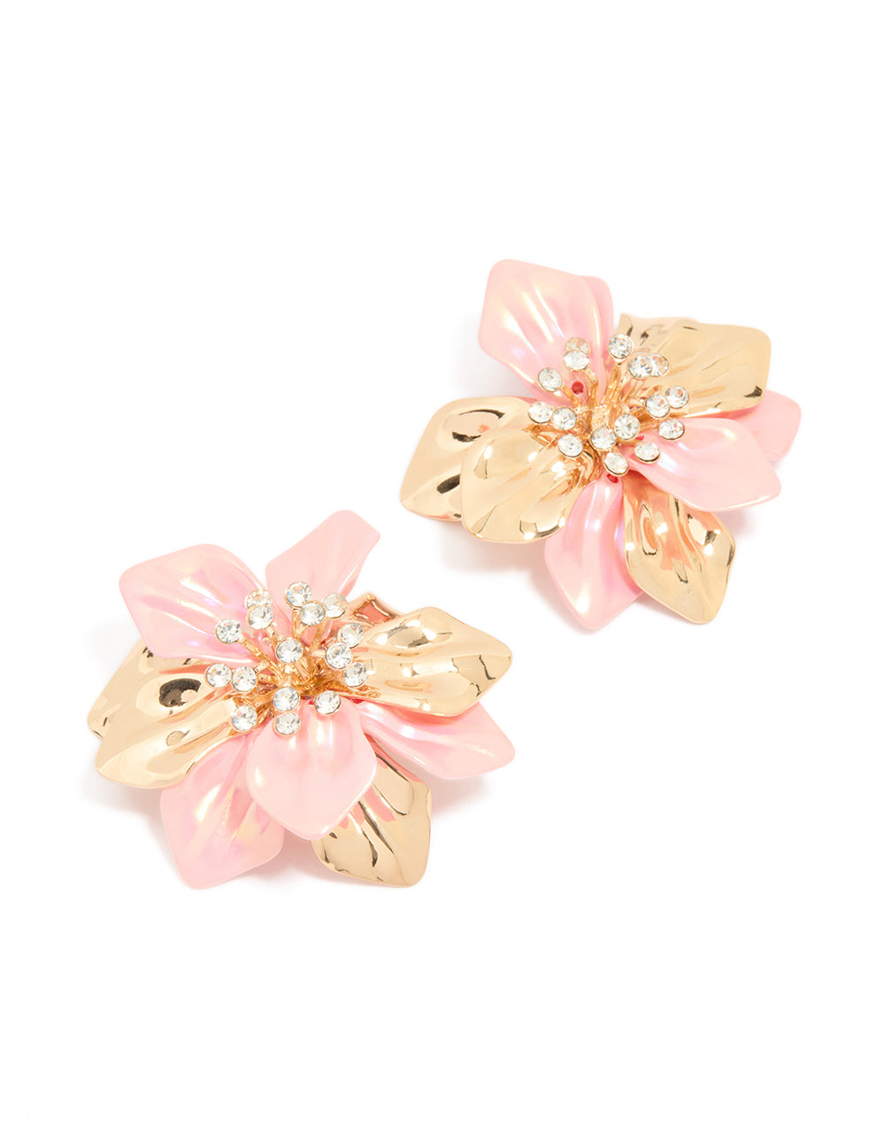 Gold Pink Coated Metal Diamante Flower Earrings