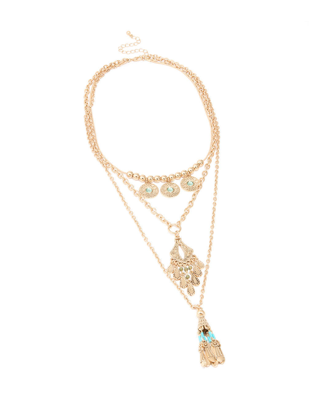 Antique Gold Charm Tassel Layered Necklace