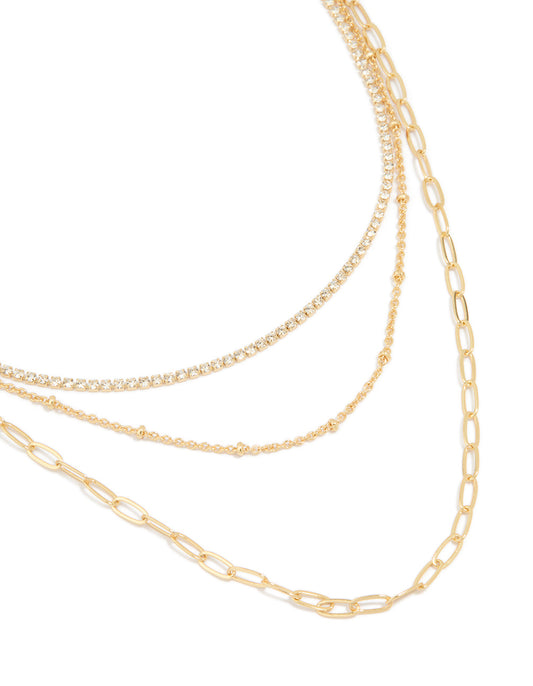 Gold Plated Diamante Cup Chain & Mixed Chain Layered Necklace