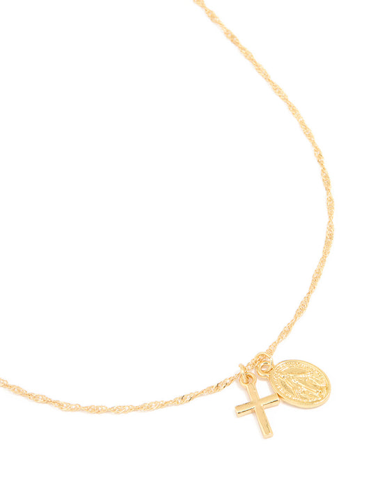 Gold Plated Cross & Coin Necklace