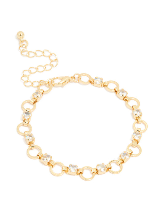 Gold Plated Cubic Zirconia Alternating Round Link Bracelet