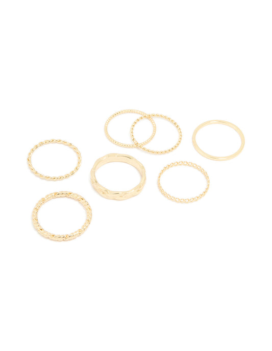 Gold Plated Twisted Mixed Band Rings 7-Pack