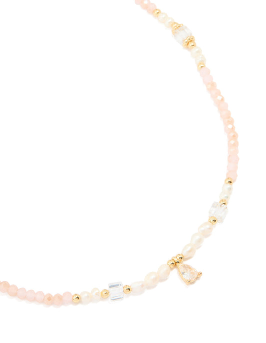 Gold Plated Rose Quartz Freshwater Pearl Cubic Zirconia Beaded Necklace