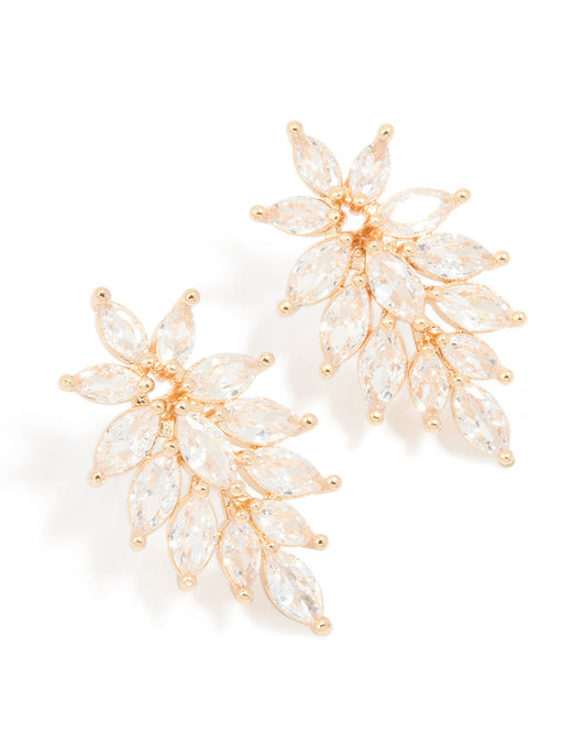 Gold Cubic Zirconia Long Floral Earrings