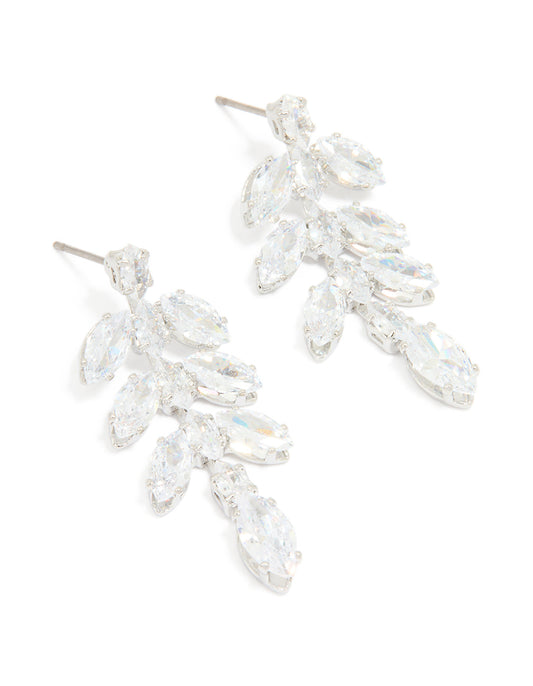 Silver Cubic Zirconia Leaf Drop Earrings