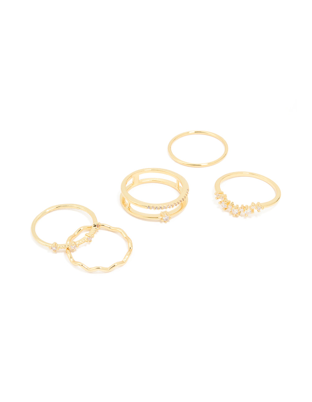 Gold Plated Cubic Zirconia Wavy Adjustable Stacking Rings 6-Pack