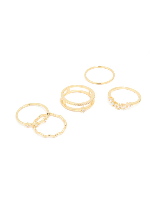 Gold Plated Cubic Zirconia Wavy Adjustable Stacking Rings 6-Pack