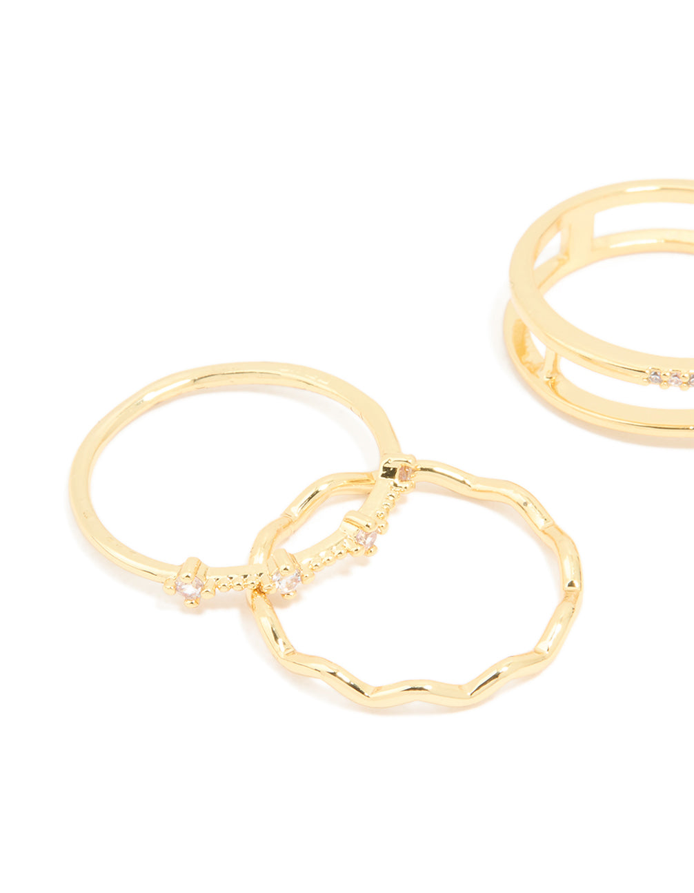 Gold Plated Cubic Zirconia Wavy Adjustable Stacking Rings 6-Pack