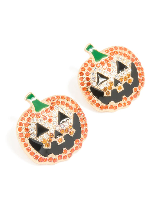 Gold Diamante Pumpkin Stud Earrings