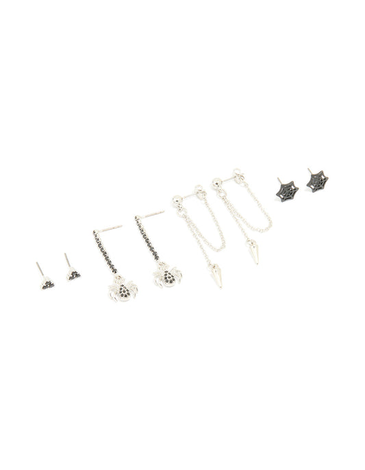 Silver Black Diamante Spider & Cross Stud Earrings 4-Pack