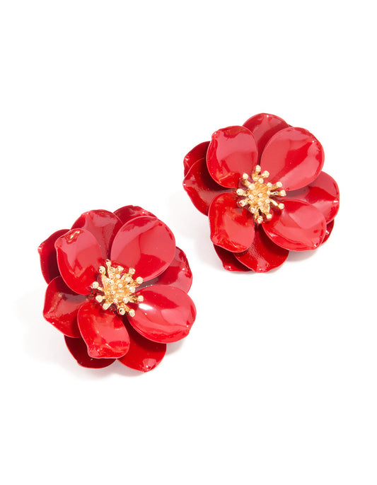Red Coated Metal Small Flower Stud Earrings