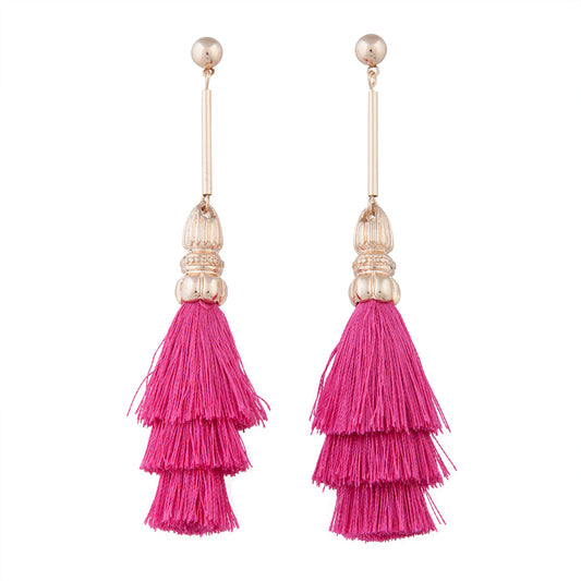 RED FUCHSIA LAYERED TASSEL ON SHINY GOLD STICK ER